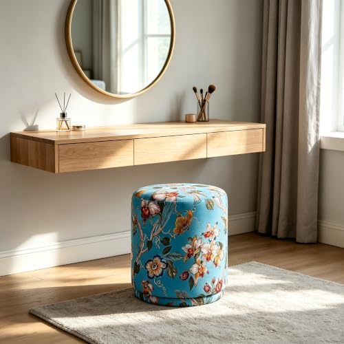 15.7" Swivel Vanity Stool, Floral Velvet Round Ottoman, Teal