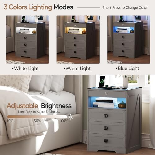 Smart LED Nightstand with Lockable Gun Drawer & Glass Top（Grey）