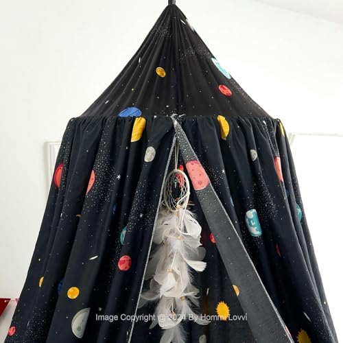 Hommi Lovvi Space Planets Print Kids Bed Canopy, Girls Princess Canopy Dreamy Room Decor, Soft Hanging Reading Nook Play Tent Canopy, Extra Large Full Size Bed Canopy with String Light