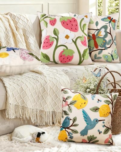Embroidered Throw Pillow Cover 18x18 Inch, Branch Butterfly
