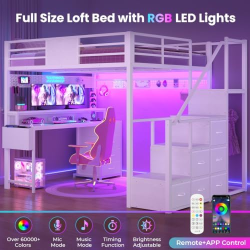 Full Size Loft Bed with 55.5" Desk and Storage Stairs, White