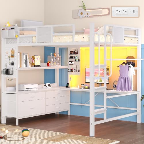 Full Size Loft Bed with Desk and 5 Storage Drawers, White