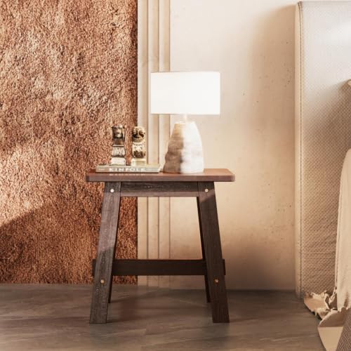 BEEFURNI 18-Inch Rectangular Acacia Wood Stool, Small Bench, Natural Wood (Wood Brown, Rectangular Wooden Stool)