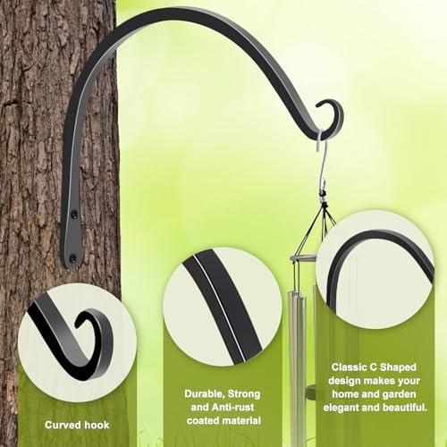 FEED GARDEN Plant Hooks 2 Pack 10 Inch, Solid 8mm Steel Wall Mounted Hanging Brackets, 48lb Rated, 1.2" Hook Opening, for Bird Feeders Baskets Wind Chimes, Indoor Outdoor Black