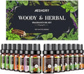 Woody & Herbal Essential Oils Set - TOP 14 Fragrance Oil for Diffusers, Aromatherapy, Candle Making - Sandalwood, Cedarwood, Teakwood, Vetiver Aromatherapy Scented Oils (5ml)