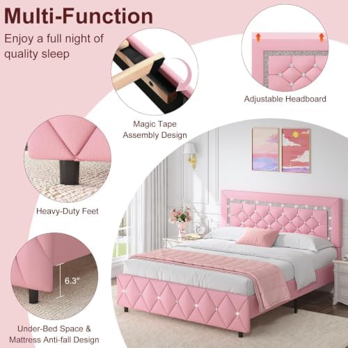 King Bed Frame with Diamond Headboard, Upholstered Platform Bed, Pink