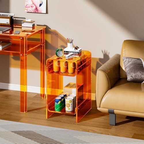 Clear Acrylic Side Table, Narrow Nightstand Bedside Table for Bedroom, Skinny Small End Table (Orange Wide, 11.8'' x 15.7'' x 21.7")