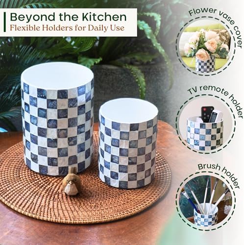 Chi An Home 7.4" + 5.8" Capiz Shell Mosaic Navy Blue Utensil Holders Set 2