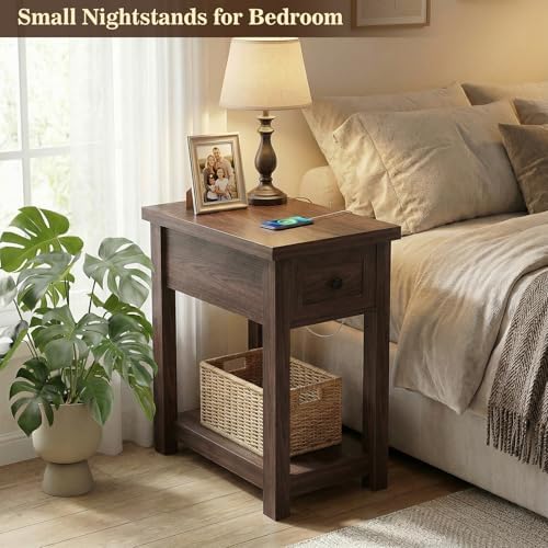 Farmhouse Narrow End Table with Charging Station for Couch, 13.8" Wide