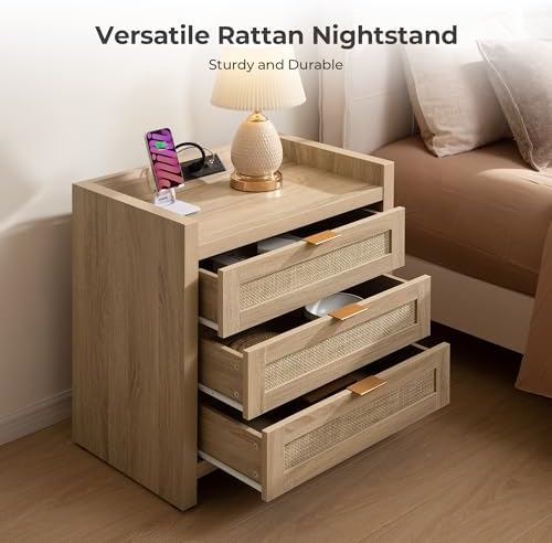 SICOTAS Rattan Nightstand for Bedroom, Tall Bedside Table with 3 Drawers