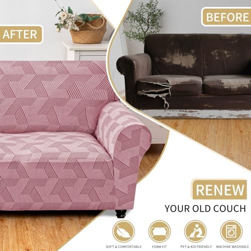 JIVINER 1 Piece Couch Cover for 3 Cushion Couch, High Stretch Sofa Covers with Elastic Bottom, Washable Sofa Slipcovers for Dog, Pets Feature Geometrical Jacquard Fabric (Sofa, Pink)