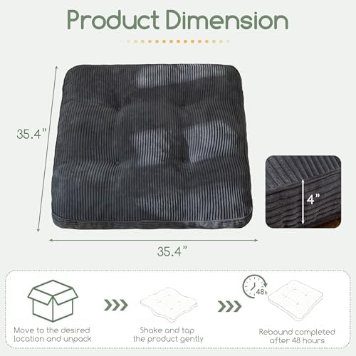 HIGOGOGO 35" Floor Pillow Cushion for Adults, Meditation Cushion Pillow, Extra Large Square Floor Sitting, Tufted Corduroy Cover for Tatami Living Room or Yoga, Dark Grey