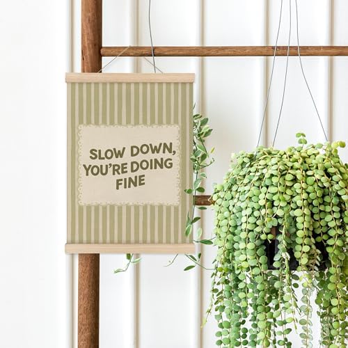 MAQIKA Inspirational Poster Framed with Wood Hanger, Motivational Hanging Wall Decor, Slow Down You're Doing Fine Striped Canvas Wall Art Paints for Home Bedroom Classroom Office, 12x16 Inch