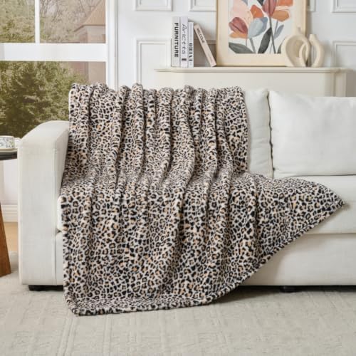Leopard Cheetah Print Blanket – Beige Soft Plush Fleece Throw for Bed, Sofa & Travel – All Season Cozy Cheetah Pattern Home Decor Throw Blanket, 50″ x 60″