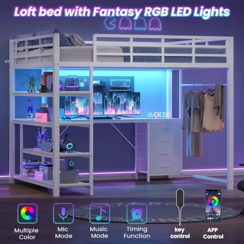 Loft Bed Full Size with L Shape Desk,4 Drawers,3-Tier Storage Shelves Metal Loft Bed Frame with Power Outlet and LED Lighted,No Box Spring Needed,Space-Saving,Noise Free (White, Full Size)