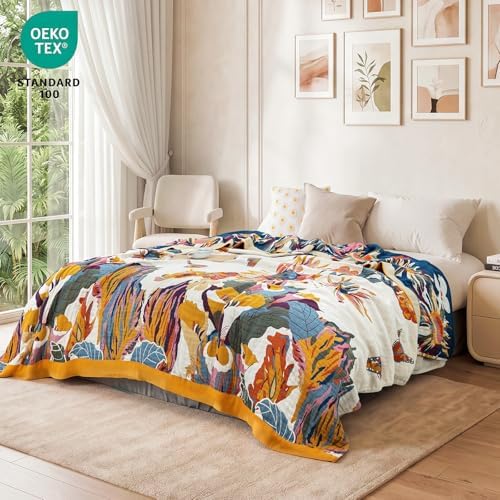 MSGKV 100% Cotton Throw Blanket for Bed Couch Fall 90''x 98'' Super Soft Muslin Blankets Warm Boho Quilt Lightweight Farmhouse Decorative Bed Blankets