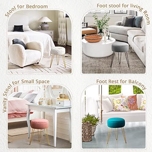 LUE BONA Vanity Stool, Gold Vanity Stools for Makeup Room, Round Ottoman Foot Stool, Velvet Footrest Vanity Chair for Bathroom Vanity, Bedroom, Living Room, Entryway, Offices, 300lbs