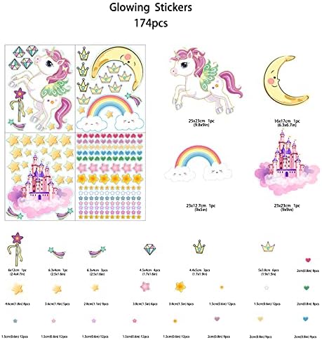 Glow in The Dark Stars and Unicorn Wall Decals, Glowing Castle Moon and Rainbow Stickers, 174 pcs Luminous Ceiling Decor for Kids Bedroom, Great Wall Decor for Girls and Boys Gift