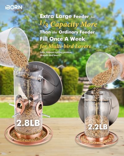 iBorn Metal Bird Feeder for Outside Hanging,Wild Bird Feeders for Cardinal,17.8cm Large Roof&Tray Copper-Plating 10 Port(Seed is not Included)