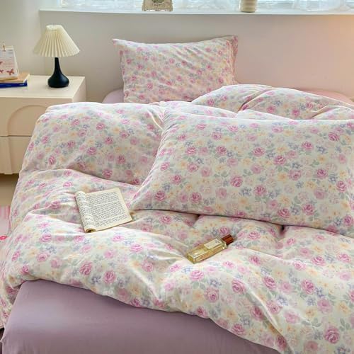 Floral Full Duvet Cover Set Boho Pattern Comforter Cover Full Size Cotton Double Gauze Cottage Zipper Duvet Cover Set with 2 Pillowcases Flower Farmhouse Bedding Set for Girls Duvet Protector