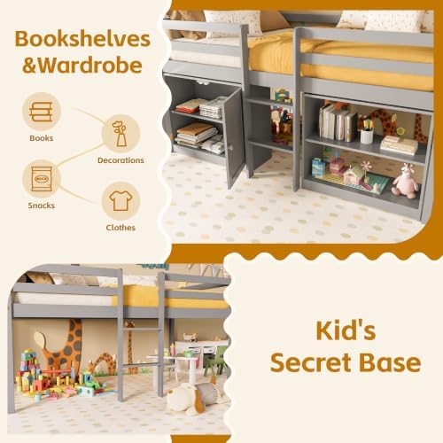 Low Loft Bed Twin Size with Storage Cabinet for Kids, Grey