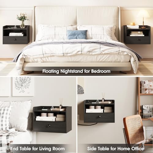 Floating Nightstand Set of 2 Modern Night Stands with Drawer and Open Shelf