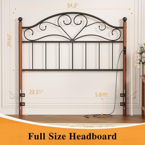 Full Size Headboard with Charger Stations, Vintage Metal Headboard Only