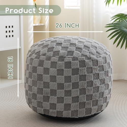 HIGOGOGO Round Stuffed Pouf Ottoman, Plaid Poufs with Foam Chunk Filling, Fluffy and Furry Pouf Foot Stool Storage Ottoman, 26 X 18 Floor Poufs Foot Rest for Living Room, Grey