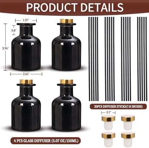 4 Pack Perfume Reed Diffuser Bottle,Empty Big Belly Aromatherapy Essential Oil Bottles Glass Jar with Black Sticks for DIY Fragrance Replacement Diffuser Sets (150ml/ 5 oz, Black Color)