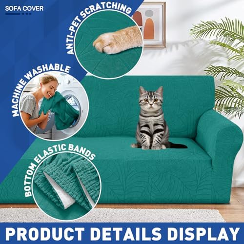 YEMYHOM Couch Cover Latest Jacquard Design High Stretch Sofa Chair Covers for Living Room, Pet Proof Armchair Slipcover Non Slip Elastic Furniture Protector (Small, Begonia Leaf Blackish Green)