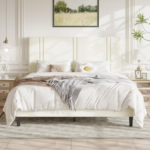 Allewie Cal King Platform Bed Frame with Velvet Upholstered Headboard