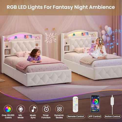 DICTAC Twin Size Bed Frame for Kids with Storage Drawers, Bookcase Headboard, LED Lights and Power Outlets, Diamond Tufted Velvet Upholstered Princess Platform Bed, Heavy-Duty Metal Support, Beige