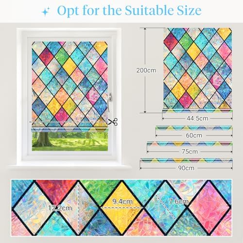 Haton Stained Glass Window Film, Rainbow Lattice Stickers, 35.4" x 78.7"