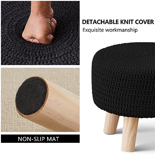 Wimarsbon Small Ottomans, 100% Hand Knitted Pouf Ottoman, Round Footrest with 4 Non-Skid Wood Legs, Boho Décor Cotton Rope Pouffe, Leisure Floor Step Chair for Living Room (Black)