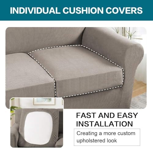 Turquoize 4 Piece Sofa Covers for 3 Cushion Couch Sofa Slipcover Soft Couch Cover for Dogs Washable Furniture Cover with 3 Individual Large Cushion Covers Feature Fabric (Large Sofa, Taupe)