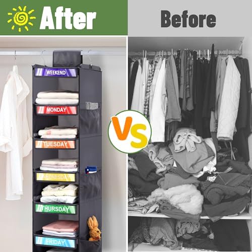 2 Pack 6-Shelf Weekly Clothes Organizer for Kids, Hanging Daily Closet Organization with 6 Side Pockets, Days of The Week Clothing Divider Storage for Boys and Girls (Grey)