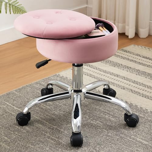 Pink Swivel Vanity Stool With Storage Vanity Chair with Wheels Ottoman