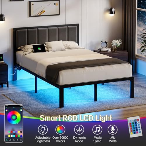 OLEVS Full Bed Frame with Headboard, Smart LED & Charging Station