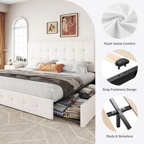Allewie King Size Storage Bed Frame with 4 Underbed Drawers, Upholstered Platform Bed with Adjustable Headboard, Square Button Tufted, Easy Assembly, Noise-Free, No Box Spring Needed, Soft White