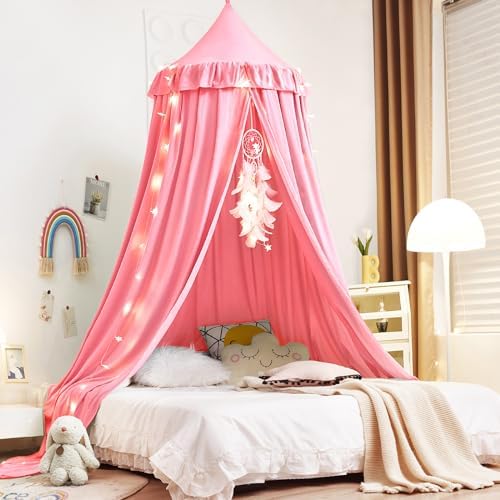 Kertnic Decor Princess Canopy for Girls Bed, Soft Smooth Playing Tent Canopy Room Decoration Castle, Dreamy Mosquito Net Bedding, Reading Nook Canopies in Home (Nordic Pink)