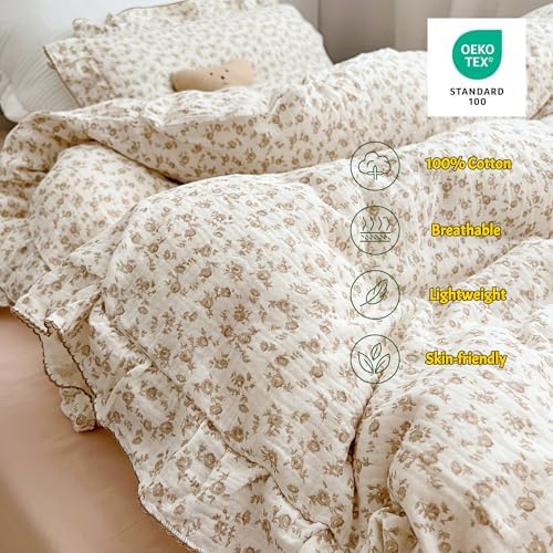 Soft Cotton Muslin Duvet Cover Girls Kids Floral Duvet Cover Beige Crib Bedding Comforter Cover Quilt Cover, 47"x59", Camellia Print (Pillowcases Not Included)