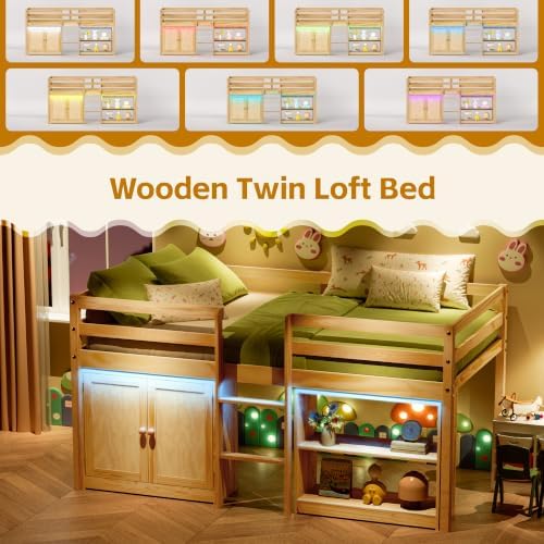 Low Loft Bed Twin Size with Storage Cabinet for Kids, Natural Wood