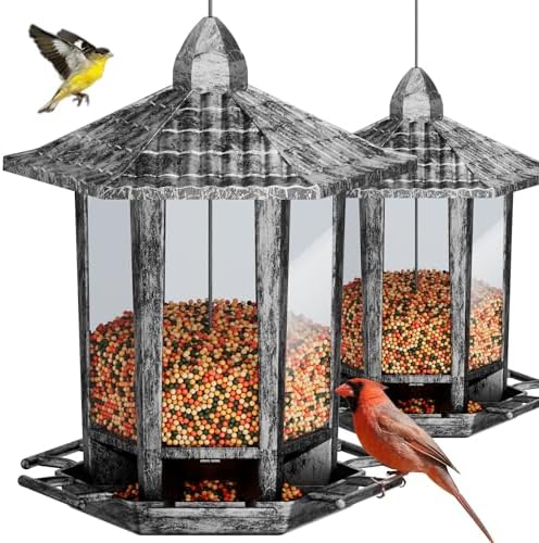 Birdream 2 Pack Bird Feeders for Outdoor, Retro Pagoda Design Fun Installation Bird Feeder, Attracting Wild Birds Chickadees Goldfinches Cardinals Finches and Sparrows - Retro Silver