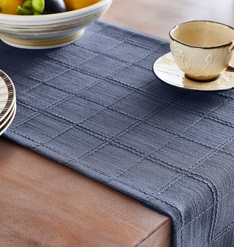ZeeMart Linen Checked Farmhouse Table Runner, 13x108 Inches Blue