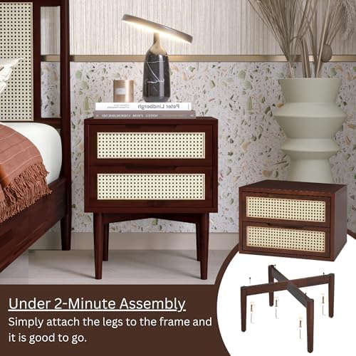 Bme Oliver Solid Wood Rattan Nightstand, Bohemian & Mid Century, Walnut