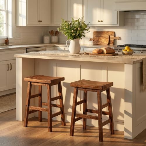 Alaterre Furniture Pomona Solid Wood Bar Stool Set of 2, Rustic Brown, 26”
