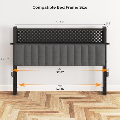 VINGLI Full Size Headboard with 2 Shelves, Adjustable Upholstered Headboard with Pegboard, Charging Stations and LED Lights, Modern Bed Headboard with Storage for Bedroom Decor, Dark Gray