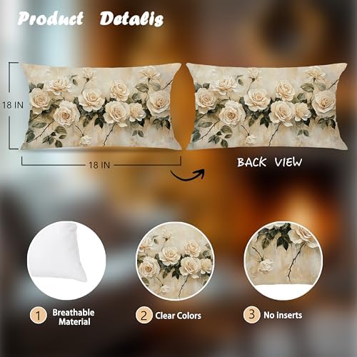 French Country Rose Floral Pillow Cover 12x20 Double-Sided, Vintage Cream Flower Decorative Lumbar Throw Pillow Cover for Home Bedroom Living Room
