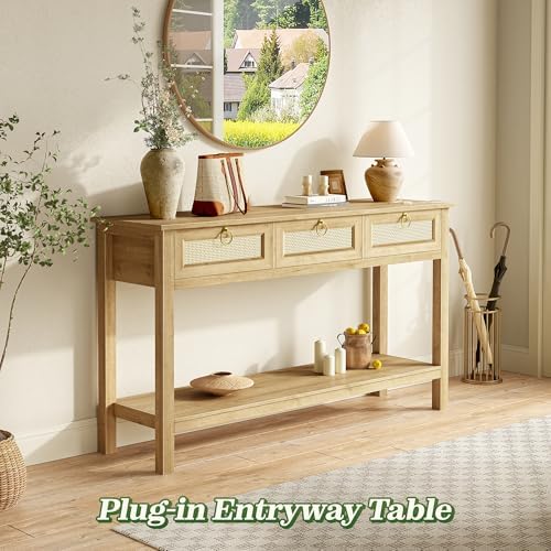 SUPERJARE Rattan Console Sofa Table with Outlets, USB-C Port and 3 Drawers