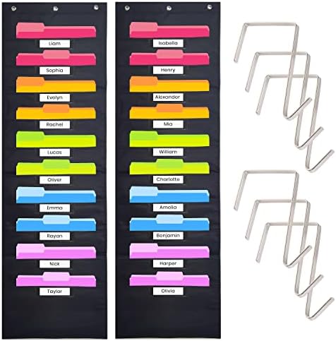 Hippo Creation Storage Pocket Chart for Classroom, 10 Pocket Storage Organizer with 6 Over-Door Hangers, Hanging Wall Organizer for File Folders, School Mailbox, Home Office Papers - Black, 2 Pack